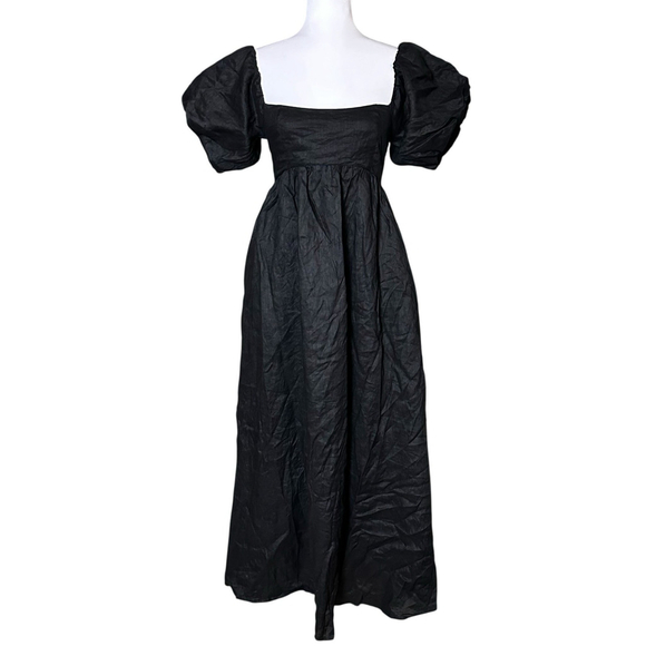 Dissh Monty Linen Black Maxi Dress Pockets Square Neck Puff Sleeves Lined US 6 - Picture 5 of 12